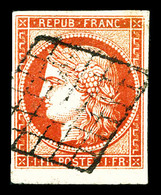 O N°7, 1F Vermillon, Bord De Feuille Inférieur, Obl Grille Légère, Infime Pelurage, Très Jolie Couleur. TTB (signé Calve - 1849-1850 Ceres