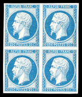 ** N°10, 25c Bleu En Bloc De Quatre, Très Belles Marges, Fraîcheur Postale. SUPERBE. R.R.R. (signé Brun/certificats)  Qu - 1852 Louis-Napoléon