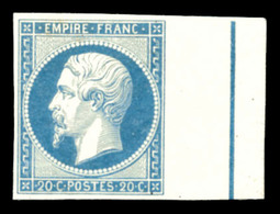 * N°14Ai, 20c Bleu Laiteux Type I, Bord De Feuille Avec Filet D'encadrement. SUP (certificat)  Qualité: *  Cote: 1000 Eu - 1853-1860 Napoléon III.