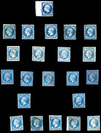 O N°14, 20c Empire, Ensemble De 93 Exemplaires Dont Bande, Paires, Nuances (bleu Sur Vert, Lilas), Oblitérations, Filet  - 1853-1860 Napoleone III