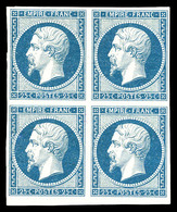 ** N°15, 25c Bleu En Bloc De Quatre (2ex*), Petit Bord De Feuille, Fraîcheur Postale. SUPERBE. R.R.R. (signé Brun/Calves - 1853-1860 Napoleon III