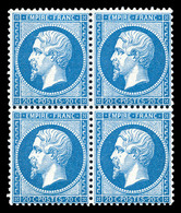 ** N°22, 20c Bleu En Bloc De Quatre (1ex*), Fraîcheur Postale. SUP (signé Brun/certificats)  Qualité: ** - 1862 Napoleon III