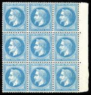 ** N°29B, 20c Bleu Type II, Bloc De 9 Bord De Feuille Latéral, Fraîcheur Postale. Centrage Parfait. SUPERBE (certificat) - 1863-1870 Napoleon III Gelauwerd