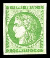 * N°42A, 5c Vert-jaune Report 1, Quatre Belles Marges. SUPERBE. R.R. (signé Brun/certificats)  Qualité: *  Cote: 5750 Eu - 1870 Bordeaux Printing