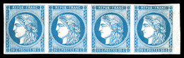 (*) N°45A, 20c Bleu Type II Report 1, ESSAI EN BLEU SUR PAPIER GLACE En Bande De Quatre Bord De Feuille Latéral. GRANDE  - 1870 Ausgabe Bordeaux