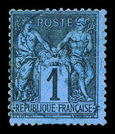 O N°84, 1c Noir Sur Bleu De Prusse, Dentelure Irrégulière Et Froissure Horizontale, Très Jolie Présentation (certificat) - 1876-1878 Sage (Type I)