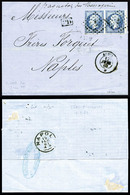 O N°22, 20c Bleu En Paire Obl Ancre + Càd Du Paquebot AUNIS Sur Lettre Pour Naples. TB (signé Brun/certificat)  Qualité: - 1849-1876: Klassieke Periode