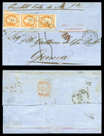 O N°23, 40c Orange, Bande De 3 Obl GC 5083 Sur Lettre Triple Port Taxée Du 19 Dec 1866 à Destination De Gênes, Griffe 'P - 1849-1876: Klassieke Periode