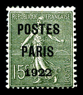(*) N°31, 15c Semeuse Surchargée 'POSTE PARIS 1922'. TTB (signé Brun/certificat)  Qualité: (*)  Cote: 500 Euros - 1893-1947