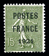 (*) N°34, 15c Vert-olive Surchargé 'POSTE FRANCE 1921', TTB (signé Scheller/certificat)  Qualité: (*)  Cote: 1400 Euros - 1893-1947