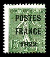 (*) N°37, 15c Olive Surcharge 'POSTE FRANCE 1922'. TB (certificat)  Qualité: (*)  Cote: 700 Euros - 1893-1947