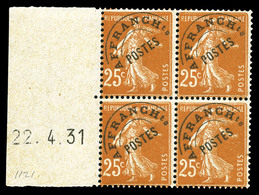 ** N°47, Préoblitéré: 25c Semeuse Jaune-brun, Bloc De Quatre Bdf Daté Du 22.4.31. SUP (certificat)  Qualité: **  Cote: 4 - Coil Stamps