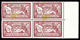 ** N°121, Merson 1F: Centre Très Déplacé Sur 2 Exemplaires Tenant à 2 Exemplaires Sans Teinte De Fond En Bloc De Quatre  - Unused Stamps