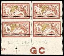 ** N°121, 1F Merson, Piquage à Cheval Et Teinte De Fond Déplacée En Bloc De Quatre Bdf Avec Manchette 'GC' (2ex*), SUP ( - Unused Stamps