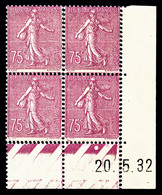 * N°202a, 75c Lilas-rose Type II En Bloc De Quatre Coin De Feuille Daté Du 20/5/32, RARE (certificat)   Qualité: *  Cote - Unused Stamps