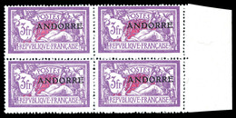 ** ANDORRE, N°20, 3f Merson Surchargé En Bloc De Quatre Bdf. SUP (certificat)  Qualité: **  Cote: 960 Euros - Unused Stamps