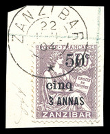 O ZANZIBAR, N°66, 50c Et Cinq Sur 3 A S 30c Violet Oblitéré Càd Sur Son Support. SUP. R.R. (signé Margues/certificat)  Q - Unused Stamps