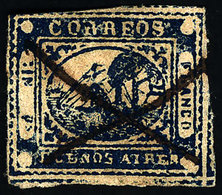 ARGENTINA: GJ.11A, IN Ps. Dark Blue, Type 29 On The Kneitschel Reconstruction, Pen Cancelled, With A Small Tear In The R - Buenos Aires (1858-1864)