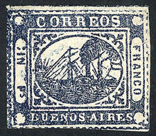 ARGENTINA: GJ.11B, IN Ps. Slate Blue, Mint, Beautiful Example Of 4 Margins (2 Immense!), Nice Color, Very Fresh, Excelle - Buenos Aires (1858-1864)