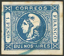 ARGENTINA: "GJ.14, 1P. Blue, Clear Impression, With Rare "FRANCO" Of Mensajería Del Comercio, Excellent!" - Buenos Aires (1858-1864)