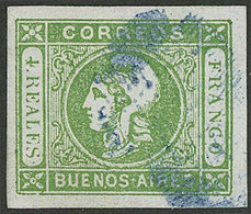 ARGENTINA: GJ.16, 4R. Green, Semi-clear Impression, With Handsome Blue Ponchito Cancel Of San Nicolás, VF Quality! - Buenos Aires (1858-1864)