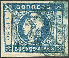 ARGENTINA: GJ.17, 1P. Dark Blue, Semi-clear Impression, Superb Example With Rare Rococo Cancel To Be Determined! - Buenos Aires (1858-1864)