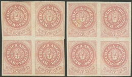 ARGENTINA: GJ.10, 5c. Without Accent Over The U, 2 Mint Blocks Of 4 With Original Gum (+50%), In Rose And Dull Rose, Ver - Cartas & Documentos