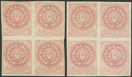 ARGENTINA: GJ.10, 5c. Without Accent Over The U, 2 Mint Blocks Of 4 With Original Gum (+50%), In Rose And Dull Rose, Ver - Storia Postale