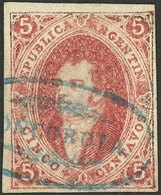 ARGENTINA: GJ.16, 5c. Rose-red, Dull Impression, 1st Printing Imperf, Handsome Stamp With Blue CONCORDIA Ellipse, Very F - Other & Unclassified