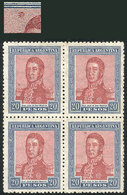 ARGENTINA: GJ.455, 1917 20P. San Martín, Block Of 4, One With RETOUCH In The Lined Background, Above The Head, VF, Catal - Gebraucht