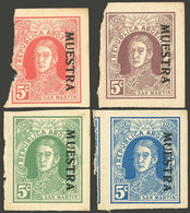 ARGENTINA: GJ.623, 1926 Post Centenary. 5c. San Martin, 4 TRIAL COLOR PROOFS Printed On Glazed Thin Card And With MUESTR - Gebruikt