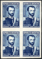 ARGENTINA: GJ.854, 1941 General Juan Lavalle, PROOF In Intense Blue, Imperforate Block Of 4 On Paper Of Glazed Front, VF - Gebraucht