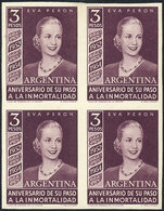 ARGENTINA: GJ.1030, 1954 Eva Perón, PROOF On White Paper, Block Of 4 In Dark Purple-violet, VF, Rare! - Oblitérés