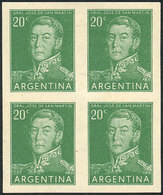 ARGENTINA: GJ.1034, 1954/7 20c. San Martín, PROOF In Green, Imperforate Block Of 4 Printed On Ordenary Paper, VF Quality - Gebraucht