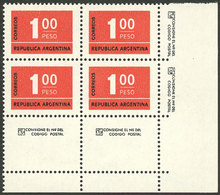 ARGENTINA: GJ.1721N + 1721NCJ, 1976 1P. Figures, UV NEUTRAL Unsurfaced Paper, Block Of 4 With Labels Below, Excellent Qu - Oblitérés