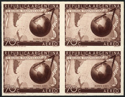 ARGENTINA: GJ.962, 1949 Cartography, PROOF In Brown, Imperforate Block Of 4 Printed On Opaque Paper, Excellent Quality,  - Autres & Non Classés