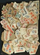 ARGENTINA: Shoebox Full Of Fragments Of Covers With Good Postages, Including Many High Values, Multiples, Good Combinati - Other & Unclassified