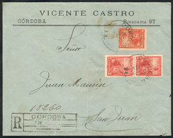 ARGENTINA: Registered Cover Sent From Córdoba To San Juan On 20/JUL/1905, Franked With 40c. (GJ.222 Pair + 233), VF Qual - Prefilatelia