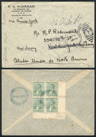 ARGENTINA: Cover Sent From PUERTO LA PLATA To USA On 30/SE/1916, Franked On Back With A Corner Block Of 4 Of 3c. Centena - Préphilatélie