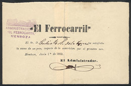 ARGENTINA: Receipt For A Suscription To The Newspaper EL FERROCARRIL Of Mendoza During June 1883, Torn In 2 And Repaired - Manuscripten