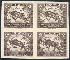 BOLIVIA: Sc.268, 1939 5B. Jaguar, IMPERFORATE BLOCK OF 4, The Top Stamps Lightly Hinged And The Bottom Stamps MNH, VF Qu - Bolivien