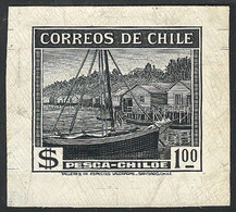CHILE: Yvert 174, 1938/50 1P. Fishing, Chiloé (fishing Boat, Palafito - Stilt Houses), DIE PROOF In Black, VF Quality, R - Cile