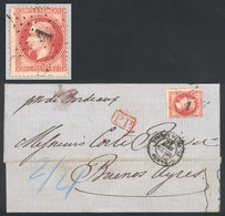 FRANCE: "23/FE/1869 PARIS - Buenos Aires: Folded Cover Franked By Yv.32 (Napoleon 80c. Rose) With Numeral "1" Cancel, Al - Sonstige & Ohne Zuordnung