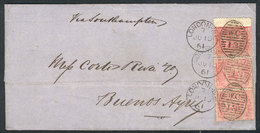 GREAT BRITAIN: "10/JUN/1861 LONDON - Buenos Aires: Folded Cover Franked With Strip Of 3 Sc.26, "W.C 13" Duplex Cancel, V - ...-1840 Voorlopers