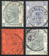 HONG KONG: Sc.38 + Other Values, 4 Used Stamps With Interesting Cancels, Several Of Mainland China! - Other & Unclassified