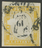 ITALY: "Sc.14a, 1855/63 80c. Yellow With VARIETY: "Partially Unprinted At Left Of The Head", Used, VF Quality, Very Inte - Sardinië