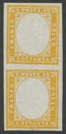 ITALY: "Sc.14, Vertical Pair With VARIETY: "embossed Effigy Omitted", Mint Original Gum, VF Quality, With Certificate An - Sardegna