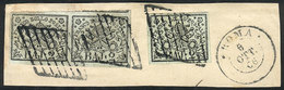 ITALY: Sc.3, 1852 2B., Pair + Single On Fragment Used On 6/OC/1866, Very Fine Quality! - Kerkelijke Staten