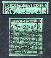 ITALY: "Sc.1, 1852/7 5c. Black On Green With VARIETY: "Retouch On POSTE ESTENSI And The Line Below Those Letters", Excel - Modena