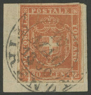 ITALY: Sc.22a, 1860 80c. Orangish Chestnut, Beautiful Example Of Ample Margins On Fragment, Excellent Quality! - Toscane